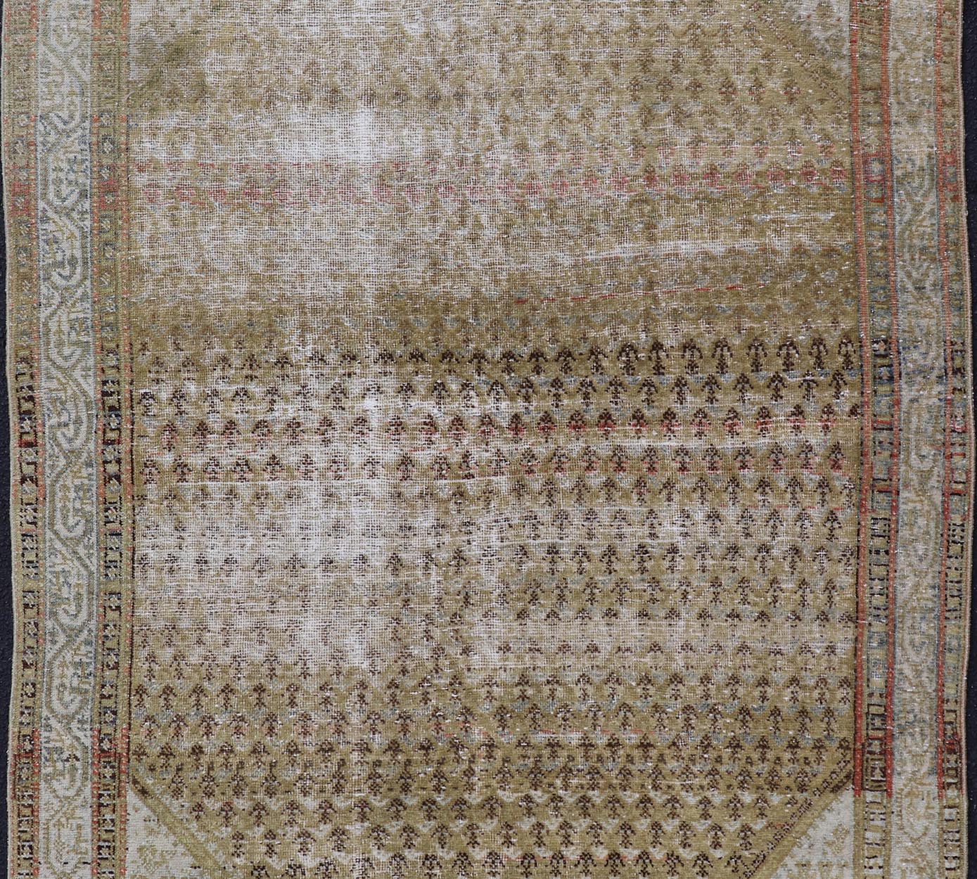 Antique Saraband Persian Rug with Small Paisley in chartreuse yellow Background. Distressed Antique Saraband Persian Rug with Small Paisley in chartreuse yellow Background. Keivan Woven Arts / rug W22 - 0105, country of origin / type: Iran / Sar... - Keivan Woven ArtsW22 - 0105 - 18595