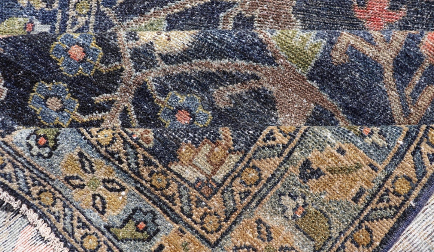 Antique Persian Malayer Tribal Runner in Steal Gray Blue, Green, Gold, and Coral Country of Origin: Iran; Type: Malayer; Design: All - Over, Floral Paisley; Keivan Woven Arts: rug W22 - 0106. Measures: 3'4 x 16'0 This antique Persian Malaye... - Keivan Woven ArtsW22 - 0106 - 19058Rug