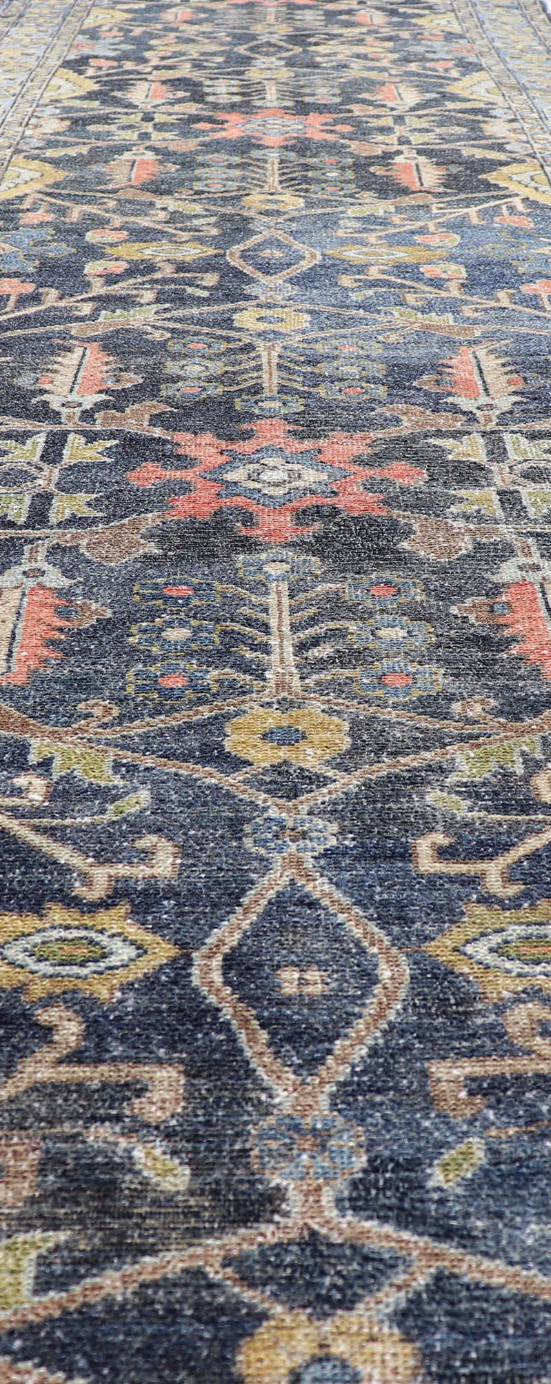 Antique Persian Malayer Tribal Runner in Steal Gray Blue, Green, Gold, and Coral Country of Origin: Iran; Type: Malayer; Design: All - Over, Floral Paisley; Keivan Woven Arts: rug W22 - 0106. Measures: 3'4 x 16'0 This antique Persian Malaye... - Keivan Woven ArtsW22 - 0106 - 19058Rug