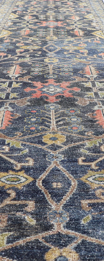 Antique Persian Malayer Tribal Runner in Steal Gray Blue, Green, Gold, and Coral Country of Origin: Iran; Type: Malayer; Design: All - Over, Floral Paisley; Keivan Woven Arts: rug W22 - 0106. Measures: 3'4 x 16'0 This antique Persian Malaye... - Keivan Woven ArtsW22 - 0106 - 19058Rug
