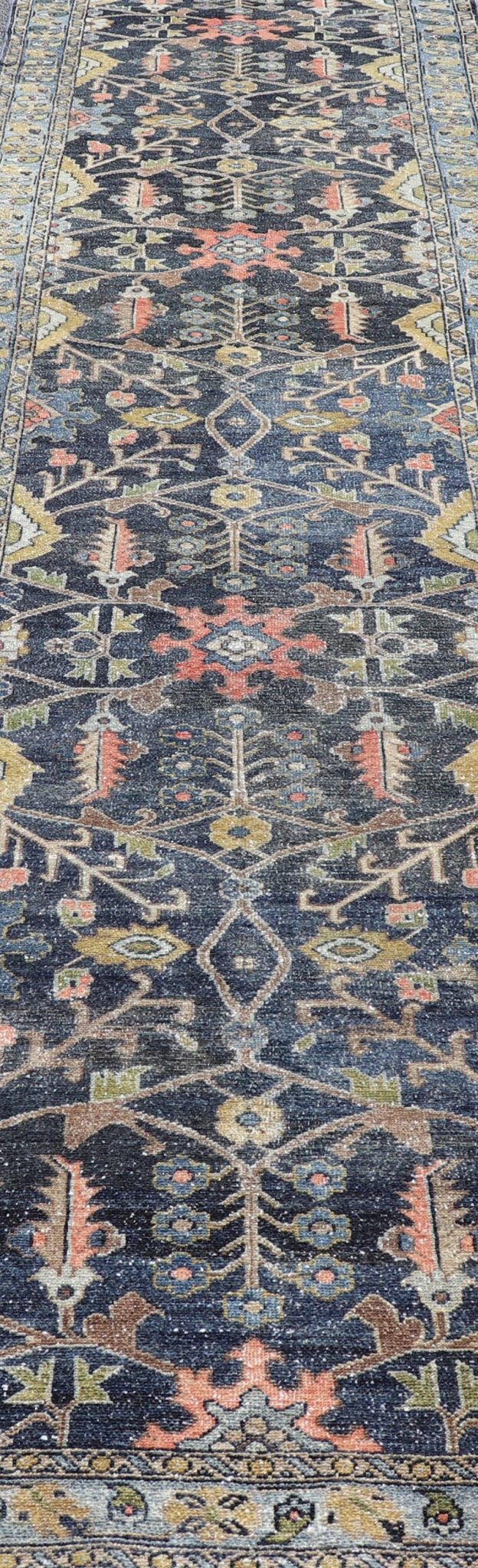 Antique Persian Malayer Tribal Runner in Steal Gray Blue, Green, Gold, and Coral Country of Origin: Iran; Type: Malayer; Design: All - Over, Floral Paisley; Keivan Woven Arts: rug W22 - 0106. Measures: 3'4 x 16'0 This antique Persian Malaye... - Keivan Woven ArtsW22 - 0106 - 19058Rug