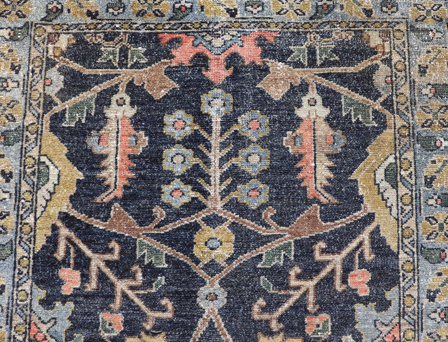 Antique Persian Malayer Tribal Runner in Steal Gray Blue, Green, Gold, and Coral Country of Origin: Iran; Type: Malayer; Design: All - Over, Floral Paisley; Keivan Woven Arts: rug W22 - 0106. Measures: 3'4 x 16'0 This antique Persian Malaye... - Keivan Woven ArtsW22 - 0106 - 19058Rug