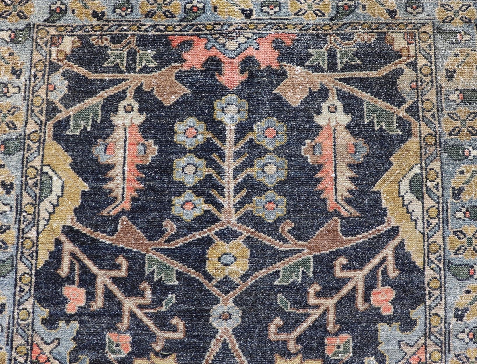 Antique Persian Malayer Tribal Runner in Steal Gray Blue, Green, Gold, and Coral Country of Origin: Iran; Type: Malayer; Design: All - Over, Floral Paisley; Keivan Woven Arts: rug W22 - 0106. Measures: 3'4 x 16'0 This antique Persian Malaye... - Keivan Woven ArtsW22 - 0106 - 19058Rug