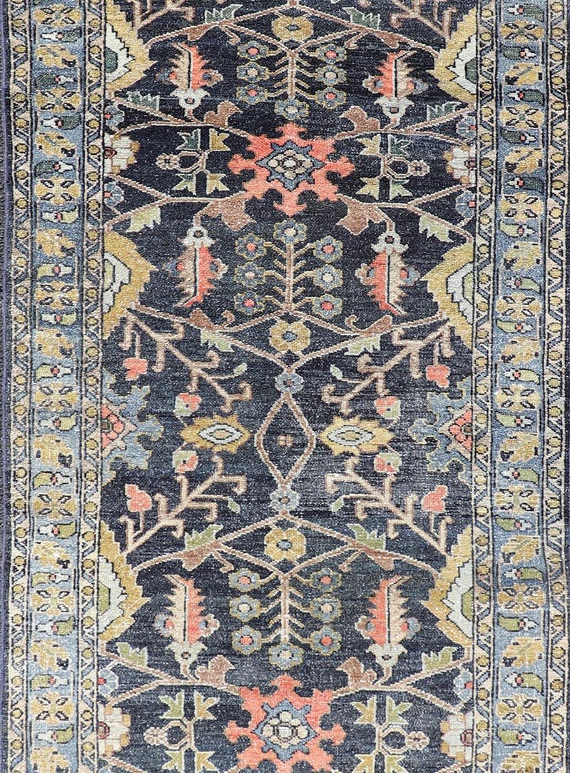 Antique Persian Malayer Tribal Runner in Steal Gray Blue, Green, Gold, and Coral Country of Origin: Iran; Type: Malayer; Design: All - Over, Floral Paisley; Keivan Woven Arts: rug W22 - 0106. Measures: 3'4 x 16'0 This antique Persian Malaye... - Keivan Woven ArtsW22 - 0106 - 19058Rug