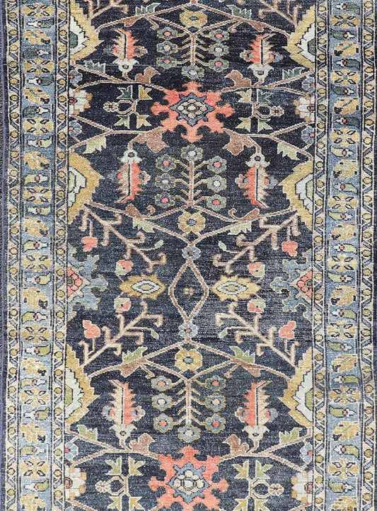 Antique Persian Malayer Tribal Runner in Steal Gray Blue, Green, Gold, and Coral Country of Origin: Iran; Type: Malayer; Design: All - Over, Floral Paisley; Keivan Woven Arts: rug W22 - 0106. Measures: 3'4 x 16'0 This antique Persian Malaye... - Keivan Woven ArtsW22 - 0106 - 19058Rug