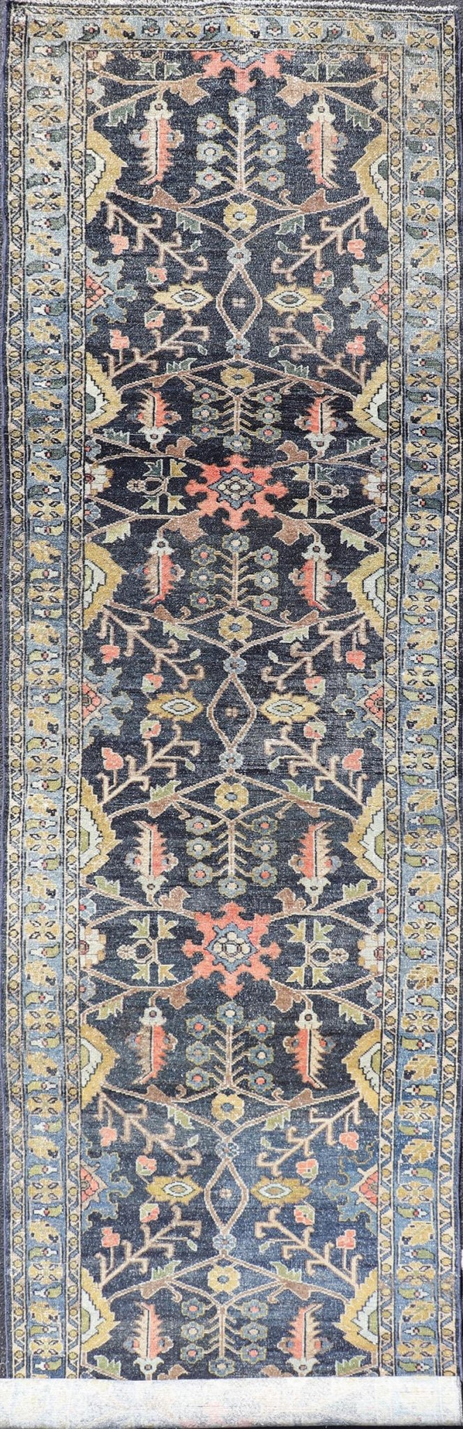 Antique Persian Malayer Tribal Runner in Steal Gray Blue, Green, Gold, and Coral Country of Origin: Iran; Type: Malayer; Design: All - Over, Floral Paisley; Keivan Woven Arts: rug W22 - 0106. Measures: 3'4 x 16'0 This antique Persian Malaye... - Keivan Woven ArtsW22 - 0106 - 19058Rug