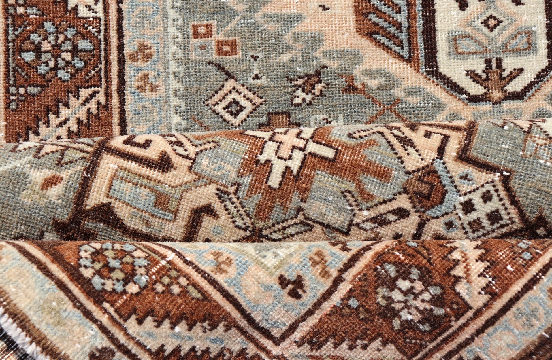Antique Persian Heriz Runner in Wool with Geometric Medallions in gray Blue, light gray green and Brown. Keivan Woven Arts; rug W22 - 0107, country of origin / type: Iran / Heriz, circa 1920. Measures: 3'2 x 14'4 This antique Persian Heriz... - Keivan Woven ArtsW22 - 0107 - 19064