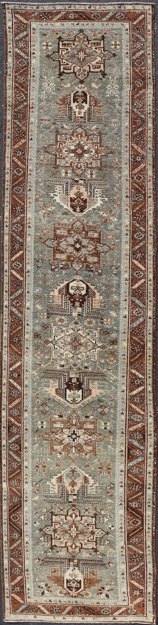 Antique Persian Heriz Runner in Wool with Geometric Medallions in gray Blue, light gray green and Brown. Keivan Woven Arts; rug W22 - 0107, country of origin / type: Iran / Heriz, circa 1920. Measures: 3'2 x 14'4 This antique Persian Heriz... - Keivan Woven ArtsW22 - 0107 - 19064