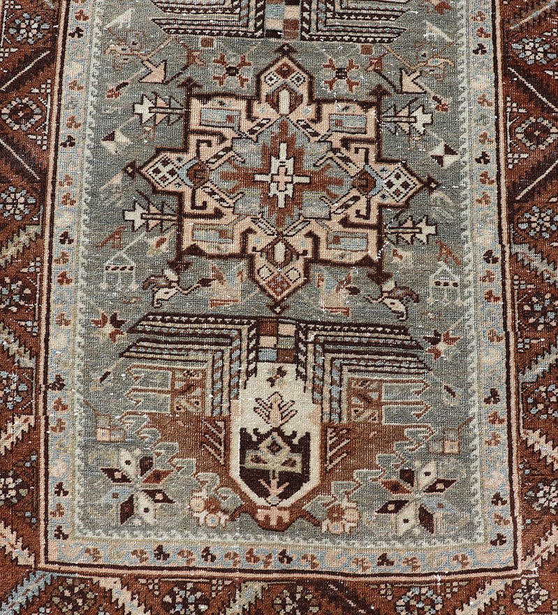 Antique Persian Heriz Runner in Wool with Geometric Medallions in gray Blue, light gray green and Brown. Keivan Woven Arts; rug W22 - 0107, country of origin / type: Iran / Heriz, circa 1920. Measures: 3'2 x 14'4 This antique Persian Heriz... - Keivan Woven ArtsW22 - 0107 - 19064