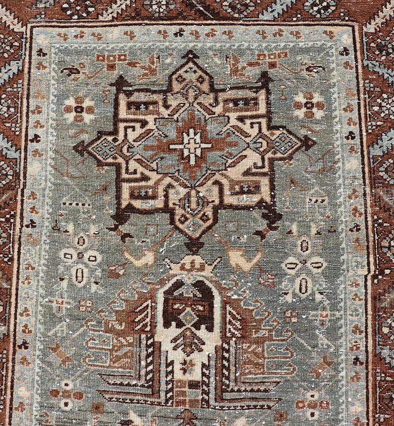 Antique Persian Heriz Runner in Wool with Geometric Medallions in gray Blue, light gray green and Brown. Keivan Woven Arts; rug W22 - 0107, country of origin / type: Iran / Heriz, circa 1920. Measures: 3'2 x 14'4 This antique Persian Heriz... - Keivan Woven ArtsW22 - 0107 - 19064