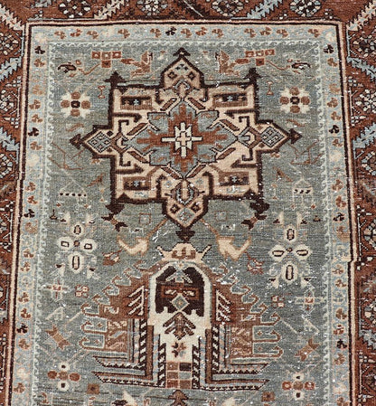 Antique Persian Heriz Runner in Wool with Geometric Medallions in gray Blue, light gray green and Brown. Keivan Woven Arts; rug W22 - 0107, country of origin / type: Iran / Heriz, circa 1920. Measures: 3'2 x 14'4 This antique Persian Heriz... - Keivan Woven ArtsW22 - 0107 - 19064