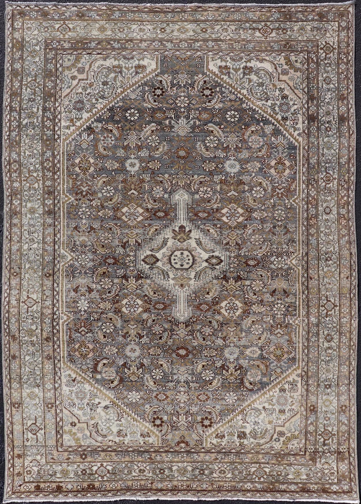 Antique Persian Bibikabad Carpet with Steal Blue, Charcoal, Green, and Brown. Keivan Woven Arts / rug W22 - 0108, country of origin / type: Iran / Bibikabad, circa 1920. Measures: 6'2 x 9'2 This antique Persian Bibikabad carpet, from t... - Keivan Woven ArtsW22 - 0108 - 19070