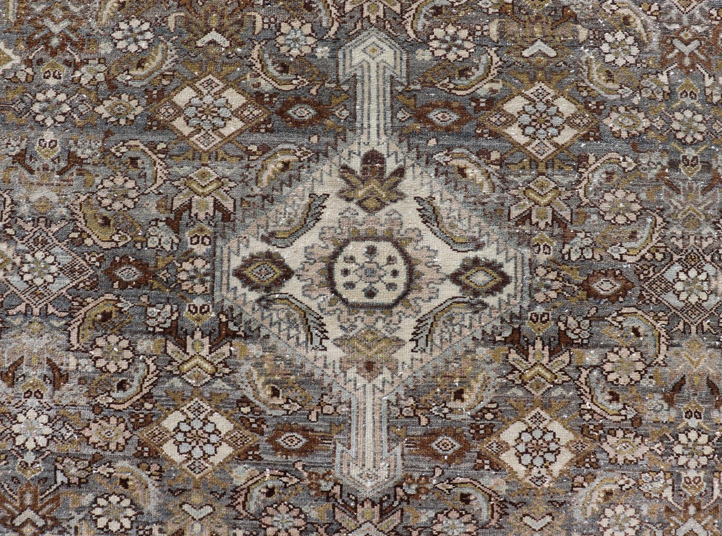 Antique Persian Bibikabad Carpet with Steal Blue, Charcoal, Green, and Brown. Keivan Woven Arts / rug W22 - 0108, country of origin / type: Iran / Bibikabad, circa 1920. Measures: 6'2 x 9'2 This antique Persian Bibikabad carpet, from t... - Keivan Woven ArtsW22 - 0108 - 19070
