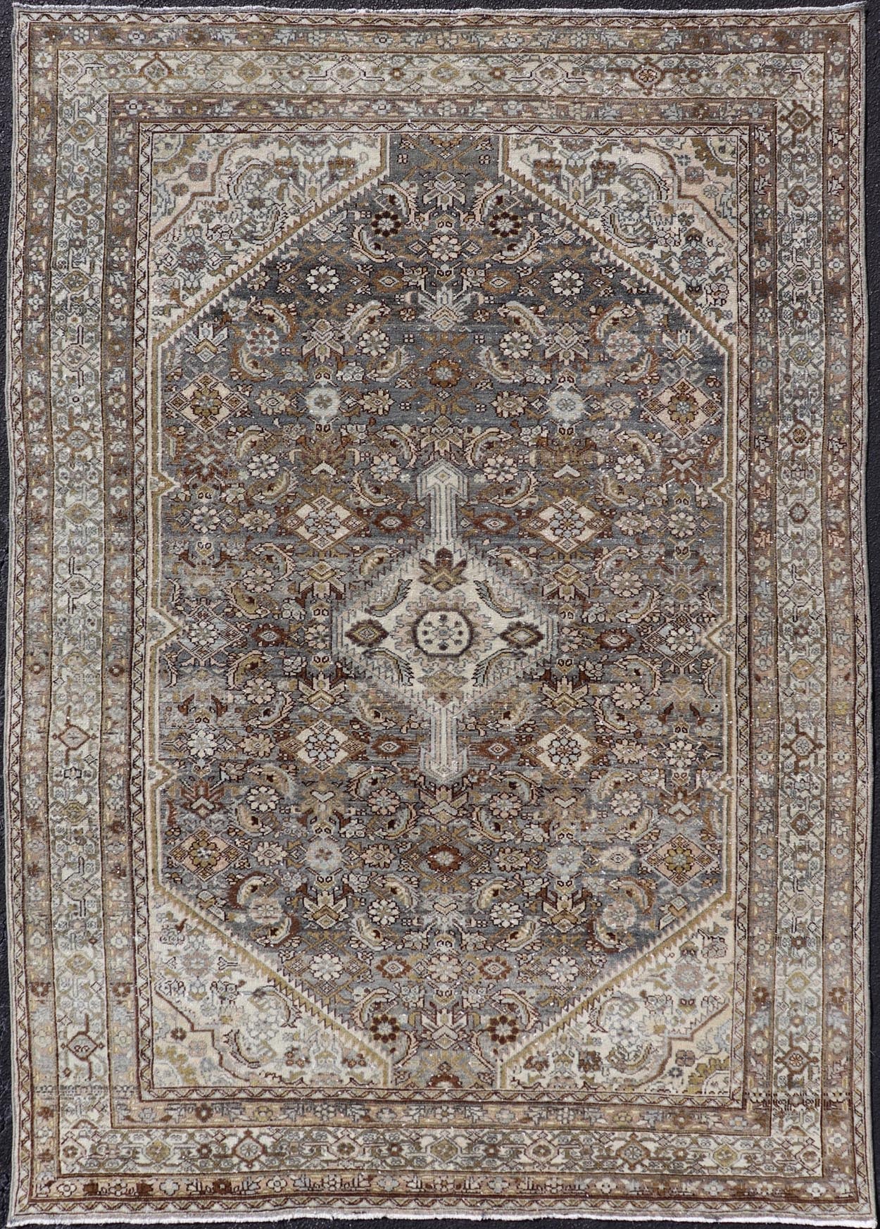 Antique Persian Bibikabad Carpet with Steal Blue, Charcoal, Green, and Brown. Keivan Woven Arts / rug W22 - 0108, country of origin / type: Iran / Bibikabad, circa 1920. Measures: 6'2 x 9'2 This antique Persian Bibikabad carpet, from t... - Keivan Woven ArtsW22 - 0108 - 19070Rug