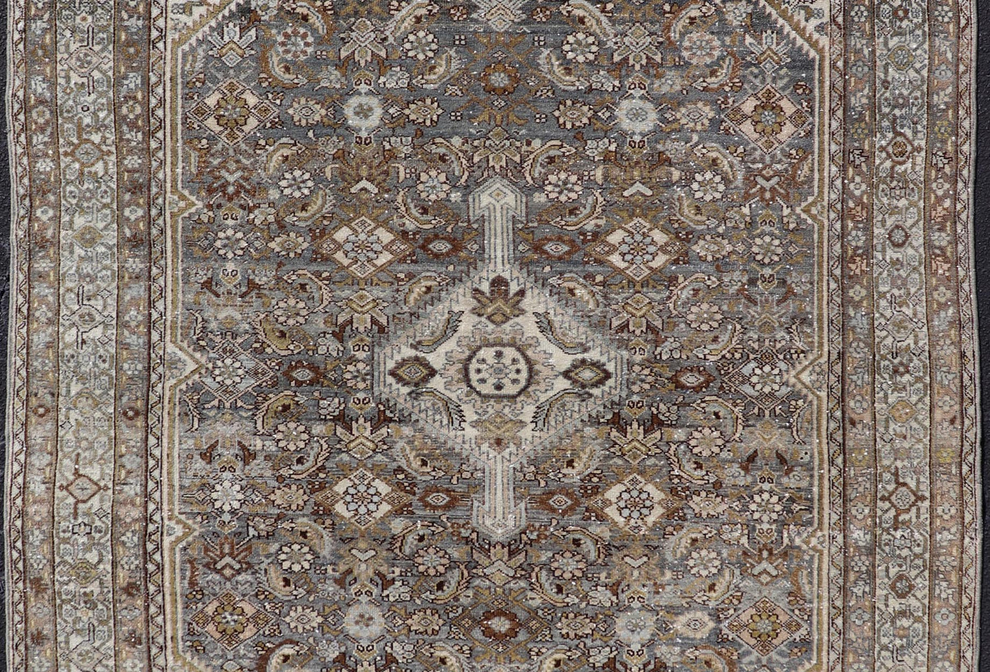 Antique Persian Bibikabad Carpet with Steal Blue, Charcoal, Green, and Brown. Keivan Woven Arts / rug W22 - 0108, country of origin / type: Iran / Bibikabad, circa 1920. Measures: 6'2 x 9'2 This antique Persian Bibikabad carpet, from t... - Keivan Woven ArtsW22 - 0108 - 19070