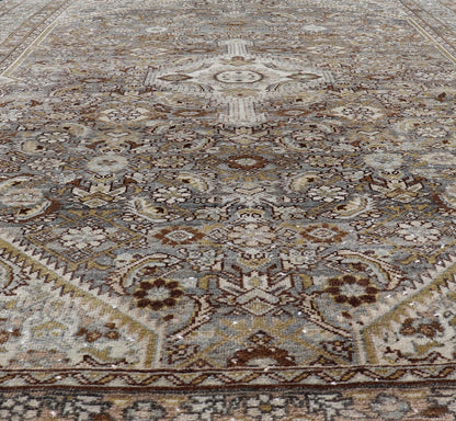 Antique Persian Bibikabad Carpet with Steal Blue, Charcoal, Green, and Brown. Keivan Woven Arts / rug W22 - 0108, country of origin / type: Iran / Bibikabad, circa 1920. Measures: 6'2 x 9'2 This antique Persian Bibikabad carpet, from t... - Keivan Woven ArtsW22 - 0108 - 19070
