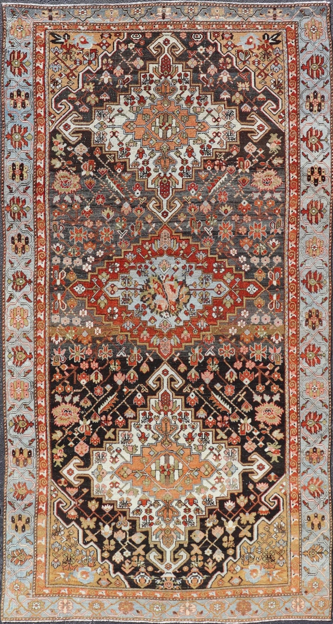 Antique Persian Tribal Design Bakhtiari Rug in Multi Colors Keivan Woven Arts. Keivan Woven Arts / rug W22 - 0202, country of origin / type: Iran / Bakhtiari, circa 1900 Measures: 6'0 x 12'0 Persian Bakhtiari rugs are in fact tribal pieces tha... - Keivan Woven ArtsW22 - 0202 - 19226Rug
