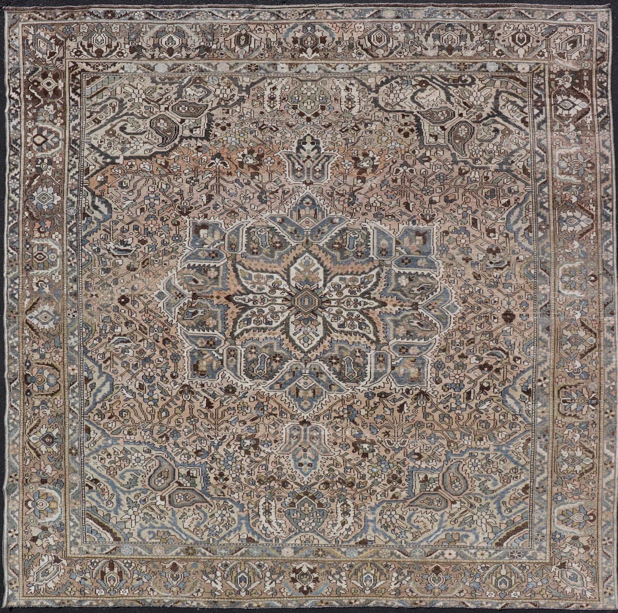 Square Antique Persian Bakhtiari Rug with Large Ornate Central Medallion Design. Keivan Woven Arts / Rug/W22 - 0206, antique Bakhtiari Mid - 20th Century Origin / Iran , Square rug, squared rug. Measures: 12'4 x 12'6 This multicolored Persia... - Keivan Woven ArtsW22 - 0206 - 19280