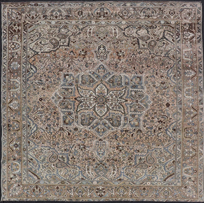 Square Antique Persian Bakhtiari Rug with Large Ornate Central Medallion Design. Keivan Woven Arts / Rug/W22 - 0206, antique Bakhtiari Mid - 20th Century Origin / Iran , Square rug, squared rug. Measures: 12'4 x 12'6 This multicolored Persia... - Keivan Woven ArtsW22 - 0206 - 19280