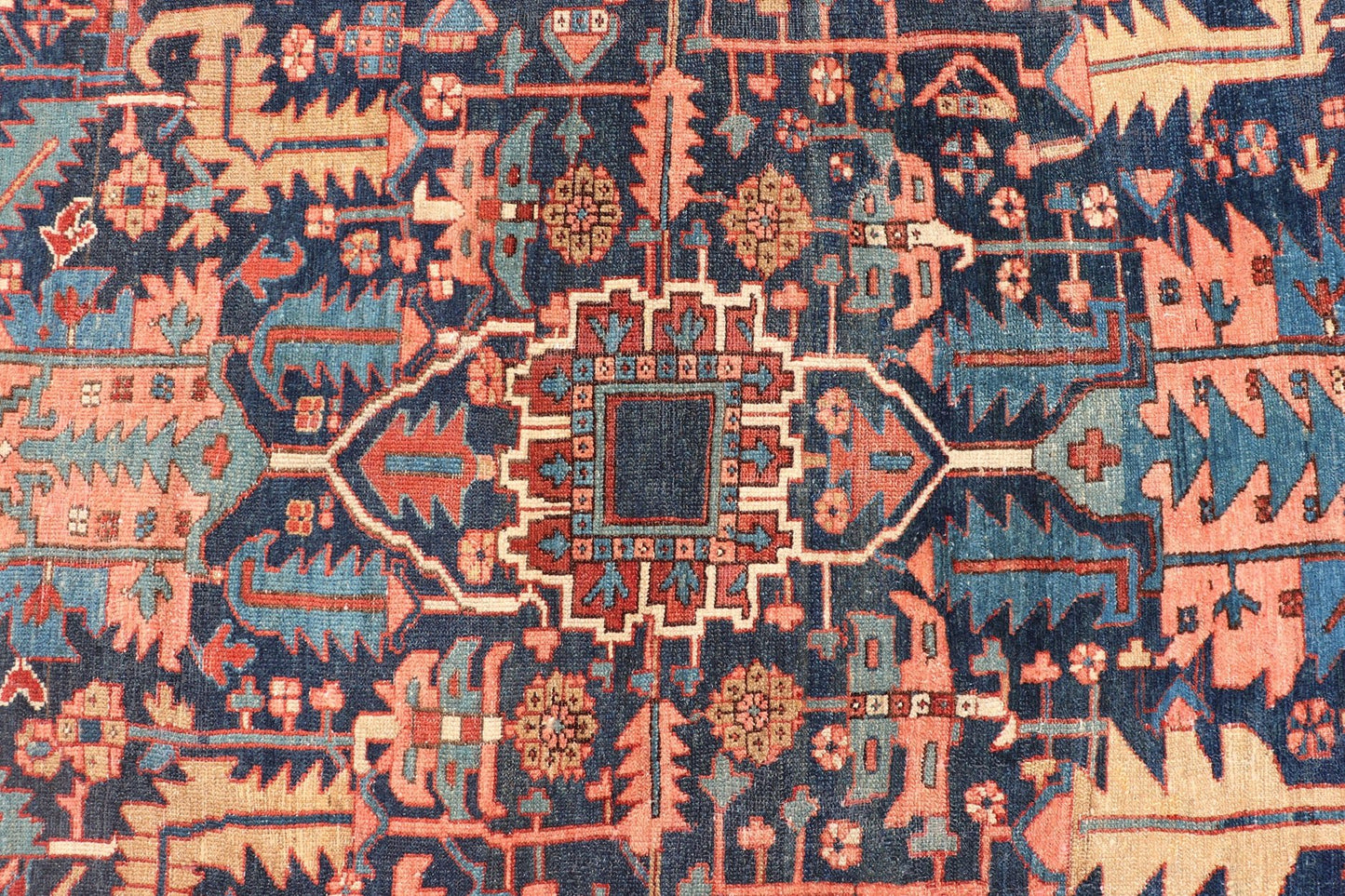 Colorful Antique Persian Serapi with All - Over Geometric Design On Blue Field & Yellow Antique Persian Serapi rug with all - over geometric design. Keivan Woven Arts/Rug / W22 - 0208, country of origin / type: Iran /Serapi, circa 1900. Antique Heriz,... - Keivan Woven ArtsW22 - 0208 - 19292Rug