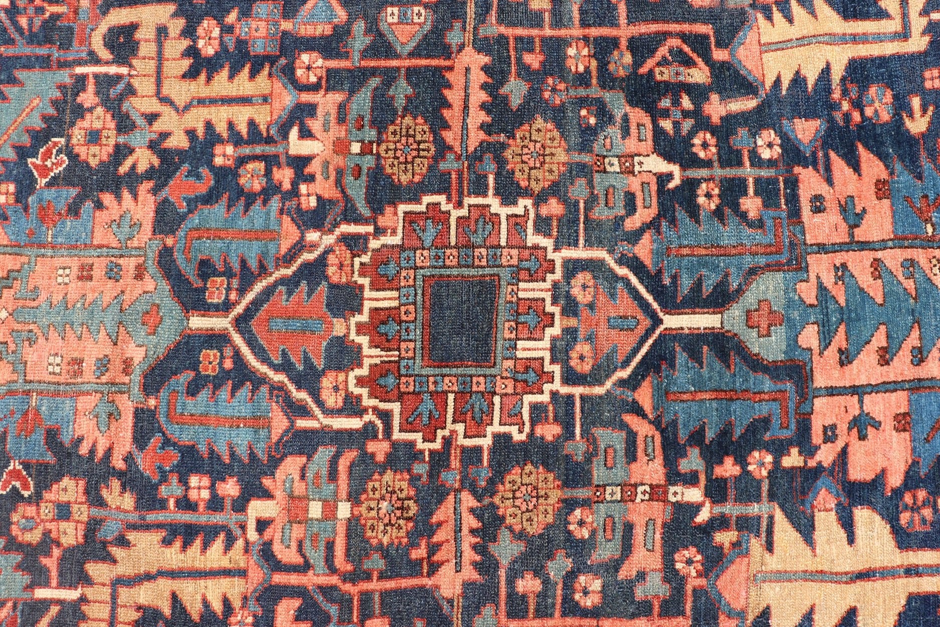 Colorful Antique Persian Serapi with All - Over Geometric Design On Blue Field & Yellow Antique Persian Serapi rug with all - over geometric design. Keivan Woven Arts/Rug / W22 - 0208, country of origin / type: Iran /Serapi, circa 1900. Antique Heriz,... - Keivan Woven ArtsW22 - 0208 - 19292Rug