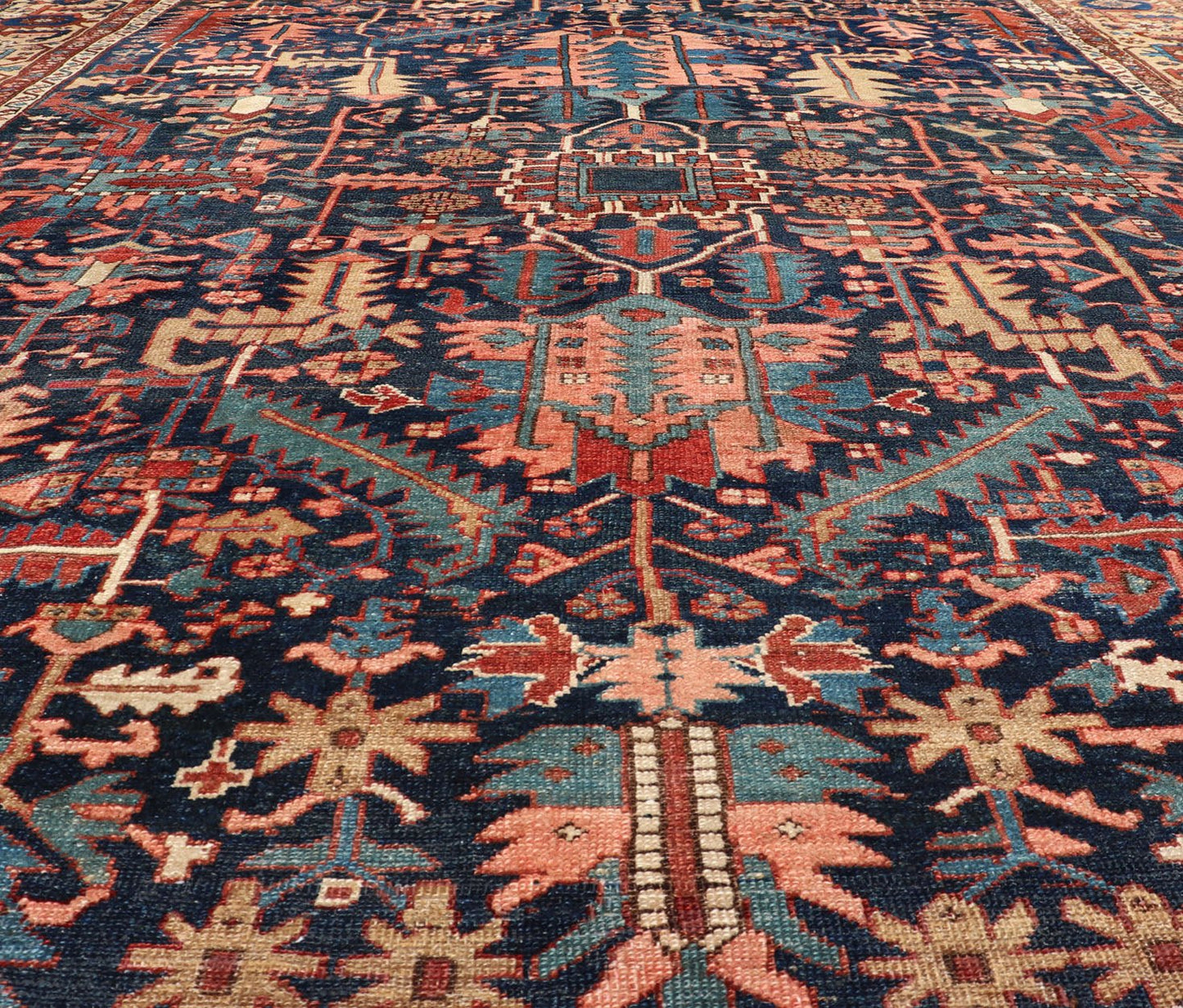Colorful Antique Persian Serapi with All - Over Geometric Design On Blue Field & Yellow Antique Persian Serapi rug with all - over geometric design. Keivan Woven Arts/Rug / W22 - 0208, country of origin / type: Iran /Serapi, circa 1900. Antique Heriz,... - Keivan Woven ArtsW22 - 0208 - 19292Rug