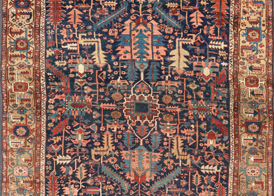 Colorful Antique Persian Serapi with All - Over Geometric Design On Blue Field & Yellow Antique Persian Serapi rug with all - over geometric design. Keivan Woven Arts/Rug / W22 - 0208, country of origin / type: Iran /Serapi, circa 1900. Antique Heriz,... - Keivan Woven ArtsW22 - 0208 - 19292