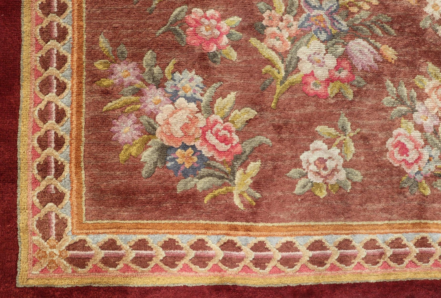 Antique Hand Knotted European Savonnerie Rug in Wool with Floral Design This antique French Savonnerie was in the Windcrofte house, the home of Robert Woodruff, the Coca Cola Magnate, and his wife Nell Woodruff. The rug sat in their upper landi... - Keivan Woven ArtsW22 - 0302 - 19322Rug