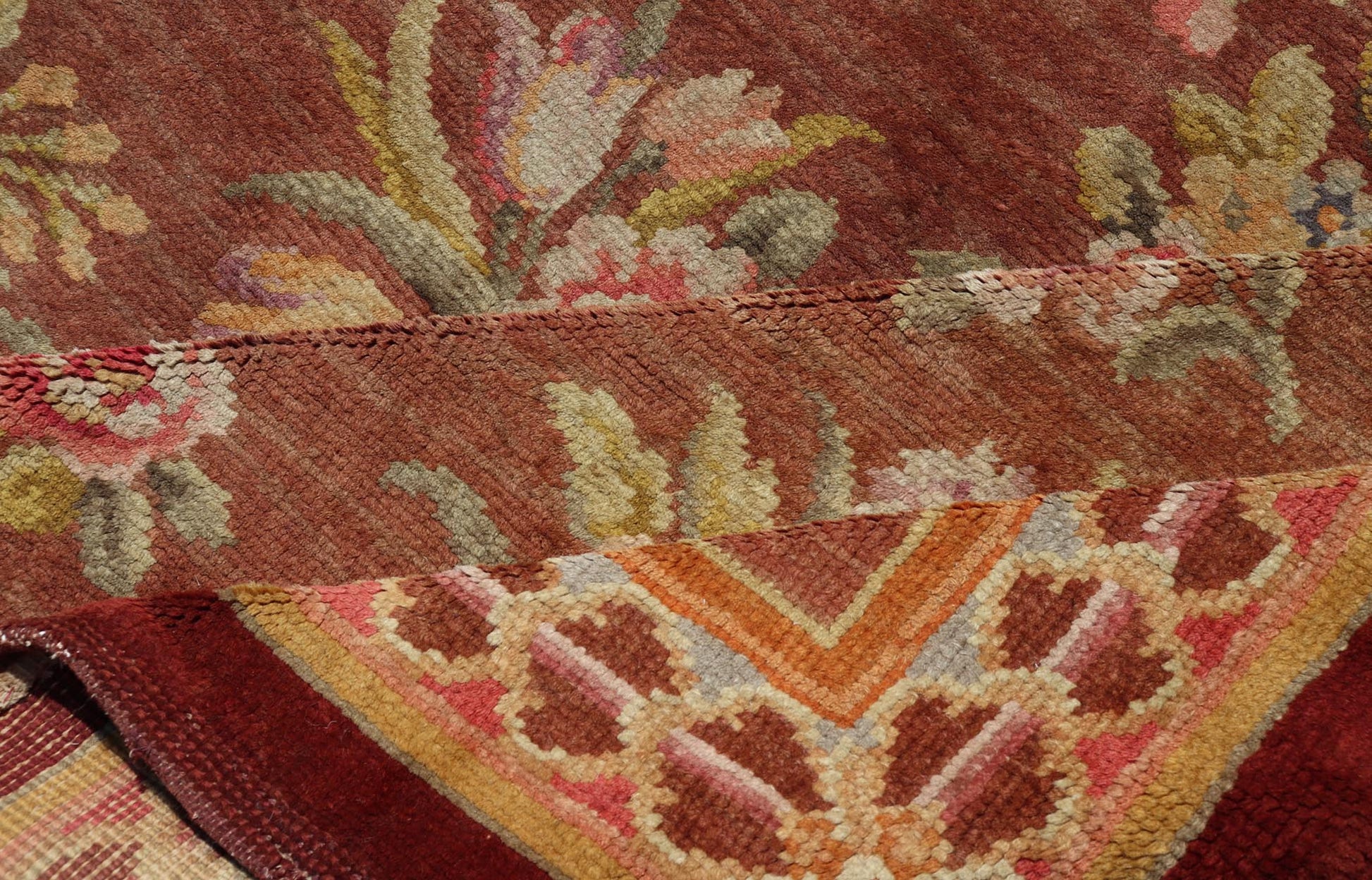 Antique Hand Knotted European Savonnerie Rug in Wool with Floral Design This antique French Savonnerie was in the Windcrofte house, the home of Robert Woodruff, the Coca Cola Magnate, and his wife Nell Woodruff. The rug sat in their upper landi... - Keivan Woven ArtsW22 - 0302 - 19322Rug