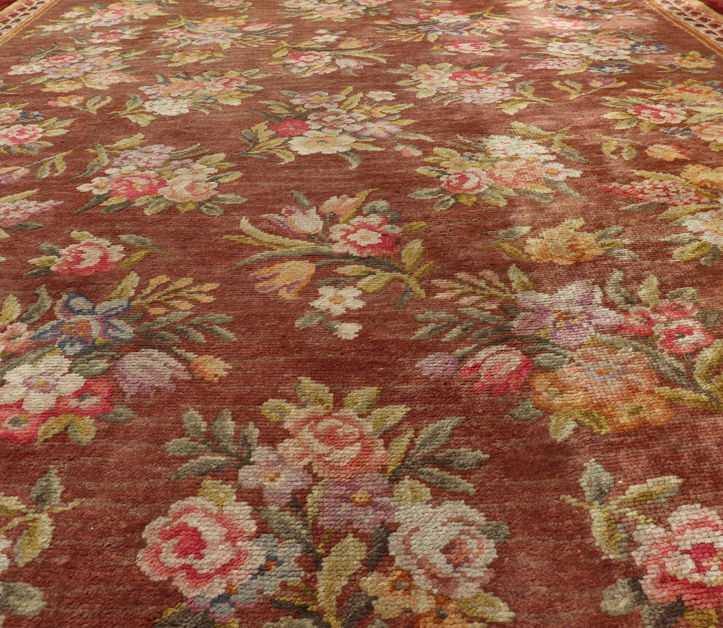 Antique Hand Knotted European Savonnerie Rug in Wool with Floral Design This antique French Savonnerie was in the Windcrofte house, the home of Robert Woodruff, the Coca Cola Magnate, and his wife Nell Woodruff. The rug sat in their upper landi... - Keivan Woven ArtsW22 - 0302 - 19322