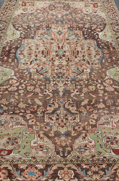 Antique Persian Malayer Gallery Rug with Large Floral Medallion With Soft Colors. Keivan Woven Arts / rug W22 - 0402 - 15478, country of origin / type: Iran / Malayer, circa 1920. Measures: 6'8 x 12'9 This multicolored Antique Persian Malayer wide g... - Keivan Woven ArtsW22 - 0402 - 15478 - 20091Rug