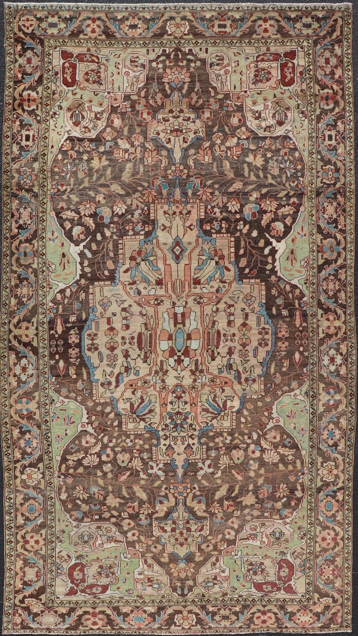 Antique Persian Malayer Gallery Rug with Large Floral Medallion With Soft Colors. Keivan Woven Arts / rug W22 - 0402 - 15478, country of origin / type: Iran / Malayer, circa 1920. Measures: 6'8 x 12'9 This multicolored Antique Persian Malayer wide g... - Keivan Woven ArtsW22 - 0402 - 15478 - 20091Rug