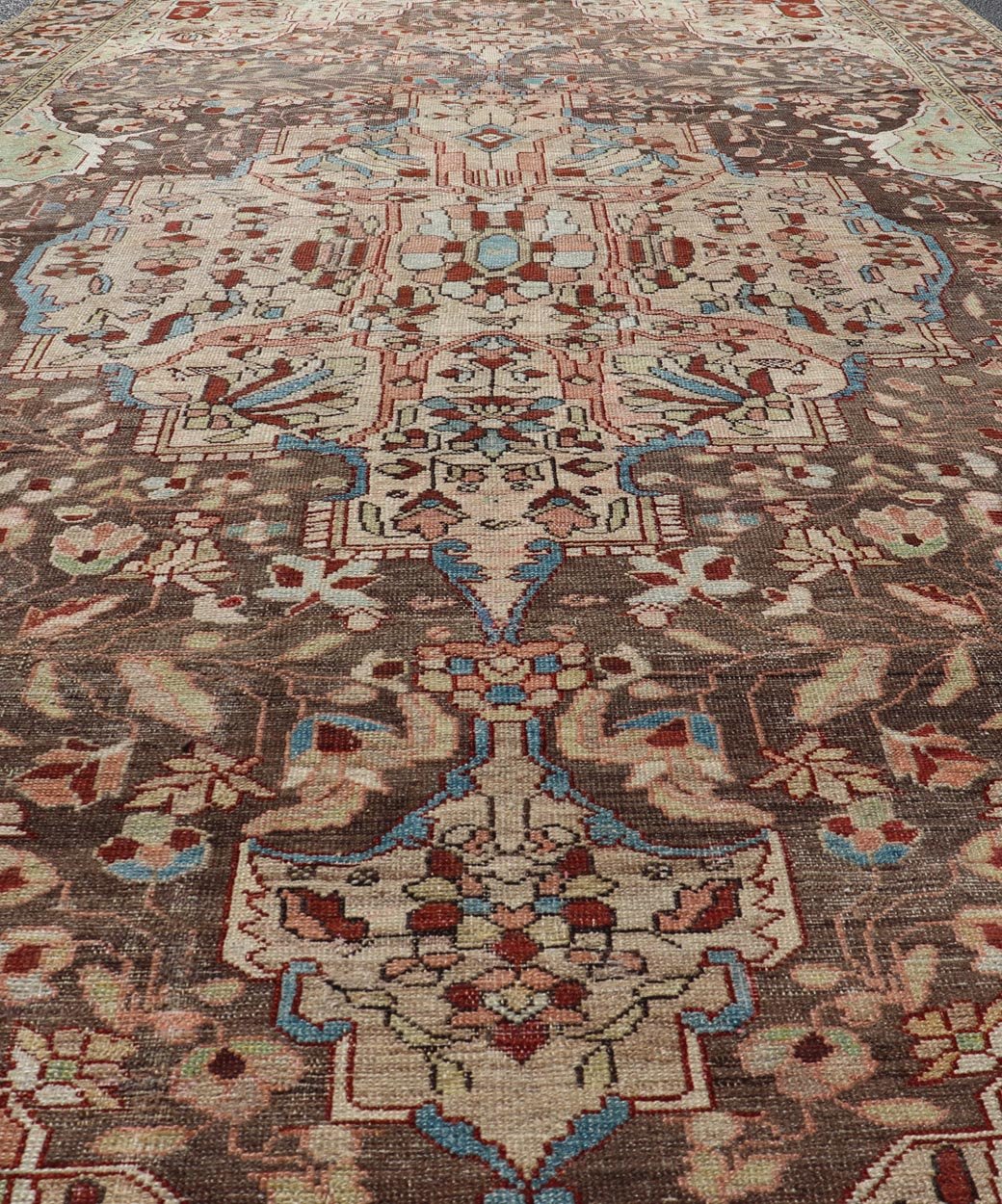 Antique Persian Malayer Gallery Rug with Large Floral Medallion With Soft Colors. Keivan Woven Arts / rug W22 - 0402 - 15478, country of origin / type: Iran / Malayer, circa 1920. Measures: 6'8 x 12'9 This multicolored Antique Persian Malayer wide g... - Keivan Woven ArtsW22 - 0402 - 15478 - 20091Rug