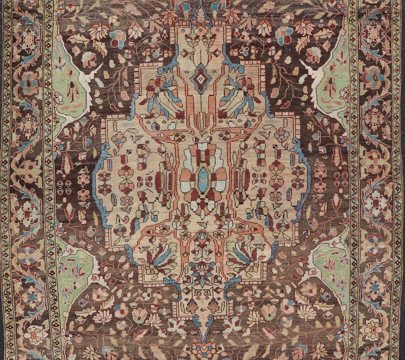 Antique Persian Malayer Gallery Rug with Large Floral Medallion With Soft Colors. Keivan Woven Arts / rug W22 - 0402 - 15478, country of origin / type: Iran / Malayer, circa 1920. Measures: 6'8 x 12'9 This multicolored Antique Persian Malayer wide g... - Keivan Woven ArtsW22 - 0402 - 15478 - 20091Rug