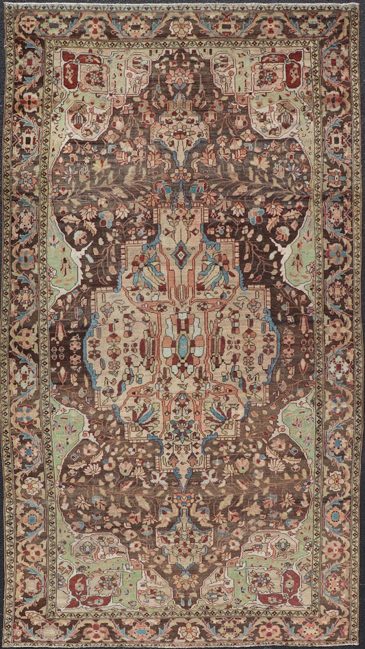 Antique Persian Malayer Gallery Rug with Large Floral Medallion With Soft Colors. Keivan Woven Arts / rug W22 - 0402 - 15478, country of origin / type: Iran / Malayer, circa 1920. Measures: 6'8 x 12'9 This multicolored Antique Persian Malayer wide g... - Keivan Woven ArtsW22 - 0402 - 15478 - 20091