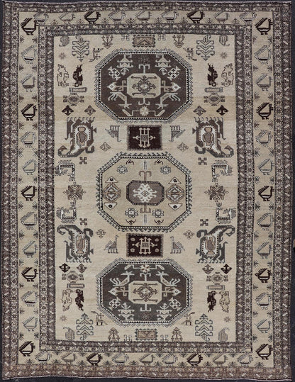 Persian Ardebil Carpet with three Octagon Medallions & Stylized Tribal Motifs. Vintage Ardebil carpet with Stylized tribal motifs in very Pale Green, Ivory, Mocha, Camel, Brown & Gray with three Octagon medallions. Keivan Woven Arts/ rug W22 - 0405, ... - Keivan Woven ArtsW22 - 0405 - 20109