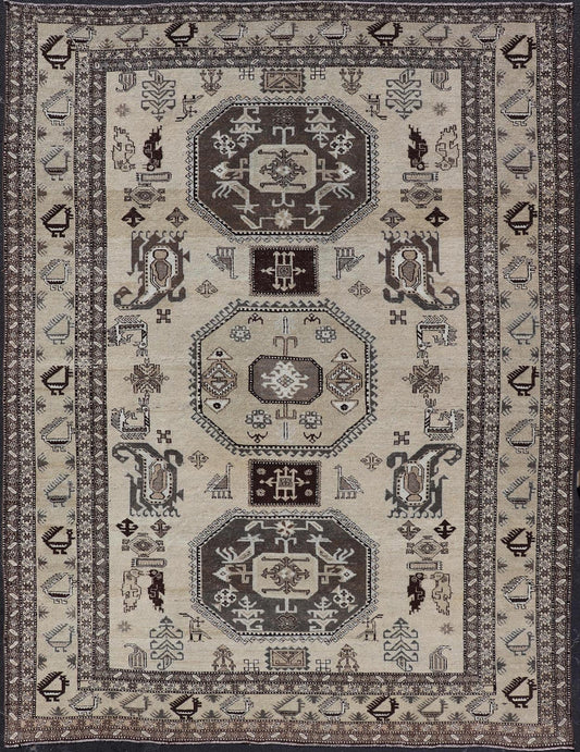 Persian Ardebil Carpet with three Octagon Medallions & Stylized Tribal Motifs. Vintage Ardebil carpet with Stylized tribal motifs in very Pale Green, Ivory, Mocha, Camel, Brown & Gray with three Octagon medallions. Keivan Woven Arts/ rug W22 - 0405, ... - Keivan Woven ArtsW22 - 0405 - 20109