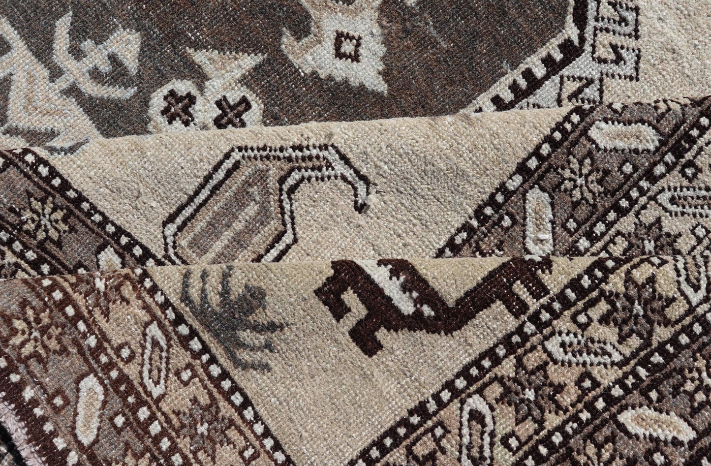 Persian Ardebil Carpet with three Octagon Medallions & Stylized Tribal Motifs. Vintage Ardebil carpet with Stylized tribal motifs in very Pale Green, Ivory, Mocha, Camel, Brown & Gray with three Octagon medallions. Keivan Woven Arts/ rug W22 - 0405, ... - Keivan Woven ArtsW22 - 0405 - 20109Rug