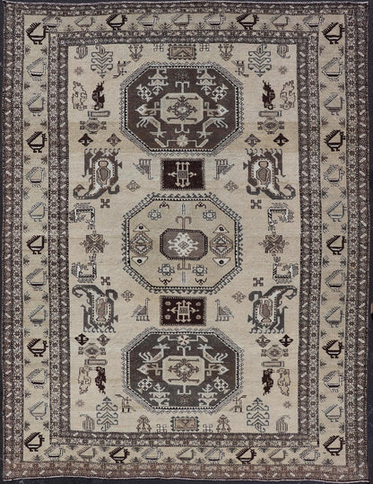 Persian Ardebil Carpet with three Octagon Medallions & Stylized Tribal Motifs. Vintage Ardebil carpet with Stylized tribal motifs in very Pale Green, Ivory, Mocha, Camel, Brown & Gray with three Octagon medallions. Keivan Woven Arts/ rug W22 - 0405, ... - Keivan Woven ArtsW22 - 0405 - 20109Rug