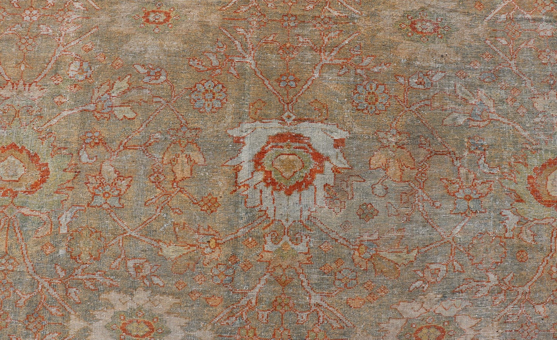 Antique Persian Distressed Sultanabad Rug in Light Green, Lt. Blue, Green, Red. Keivan Woven Arts / rug W22 - 0406 - 15480, country of origin / type: Iran / Sultanabad, circa 1900. Measures: 8'8 x 12'2 This beautiful distressed antique Persian Sult... - Keivan Woven ArtsW22 - 0406 - 15480 - 20115