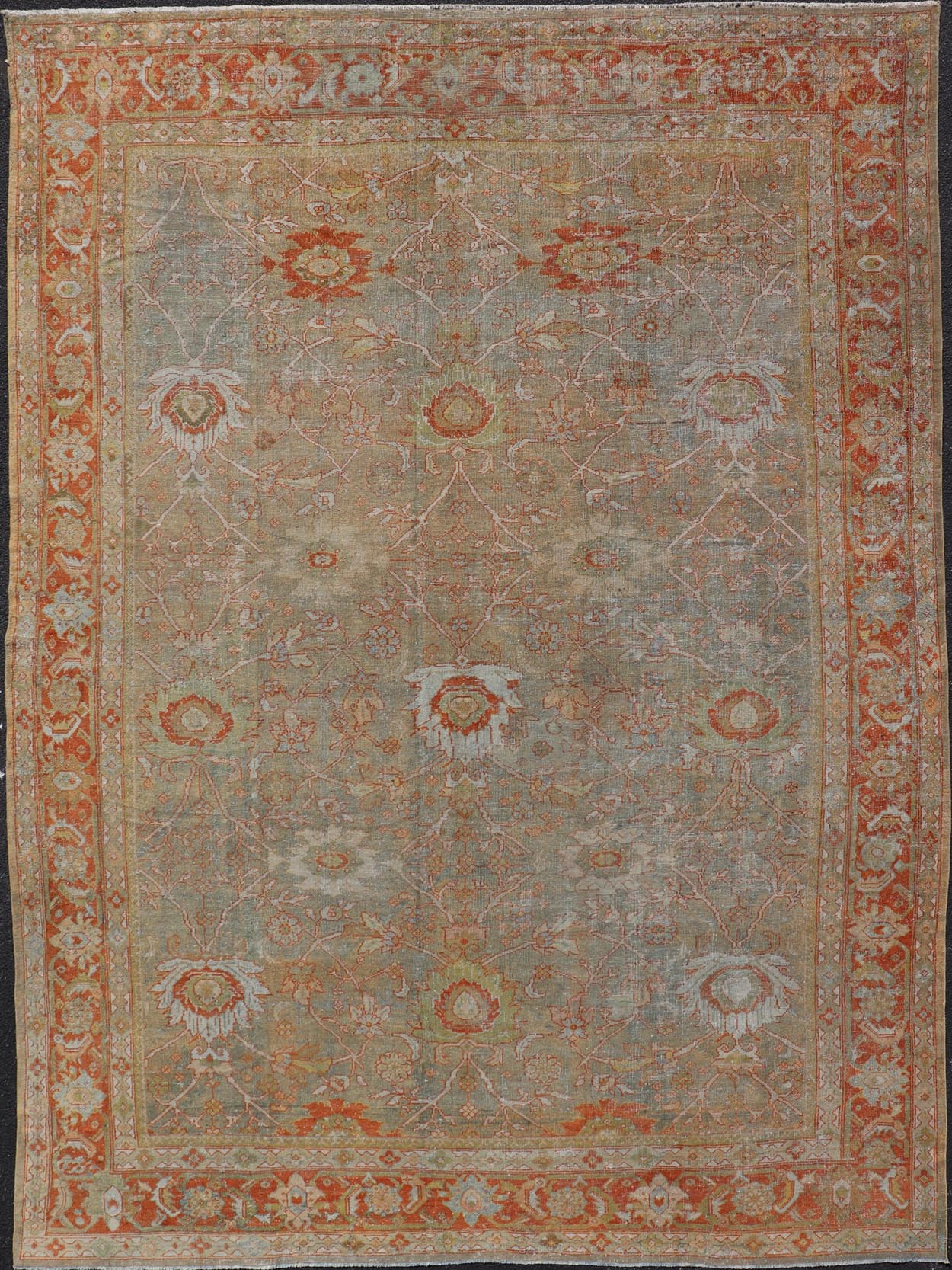 Antique Persian Distressed Sultanabad Rug in Light Green, Lt. Blue, Green, Red. Keivan Woven Arts / rug W22 - 0406 - 15480, country of origin / type: Iran / Sultanabad, circa 1900. Measures: 8'8 x 12'2 This beautiful distressed antique Persian Sult... - Keivan Woven ArtsW22 - 0406 - 15480 - 20115