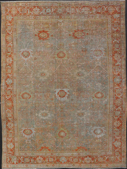Antique Persian Distressed Sultanabad Rug in Light Green, Lt. Blue, Green, Red. Keivan Woven Arts / rug W22 - 0406 - 15480, country of origin / type: Iran / Sultanabad, circa 1900. Measures: 8'8 x 12'2 This beautiful distressed antique Persian Sult... - Keivan Woven ArtsW22 - 0406 - 15480 - 20115