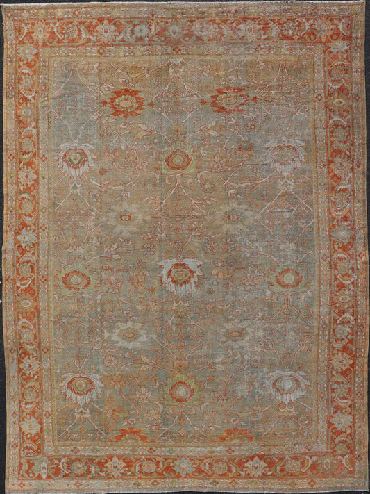 Antique Persian Distressed Sultanabad Rug in Light Green, Lt. Blue, Green, Red. Keivan Woven Arts / rug W22 - 0406 - 15480, country of origin / type: Iran / Sultanabad, circa 1900. Measures: 8'8 x 12'2 This beautiful distressed antique Persian Sult... - Keivan Woven ArtsW22 - 0406 - 15480 - 20115