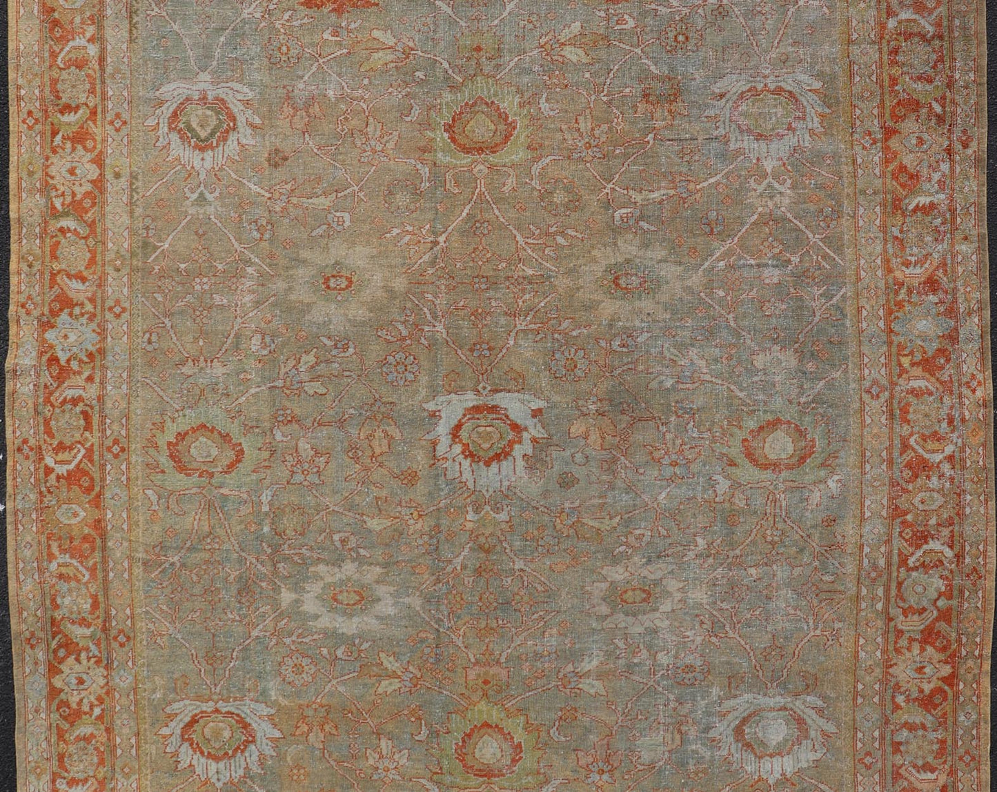 Antique Persian Distressed Sultanabad Rug in Light Green, Lt. Blue, Green, Red. Keivan Woven Arts / rug W22 - 0406 - 15480, country of origin / type: Iran / Sultanabad, circa 1900. Measures: 8'8 x 12'2 This beautiful distressed antique Persian Sult... - Keivan Woven ArtsW22 - 0406 - 15480 - 20115