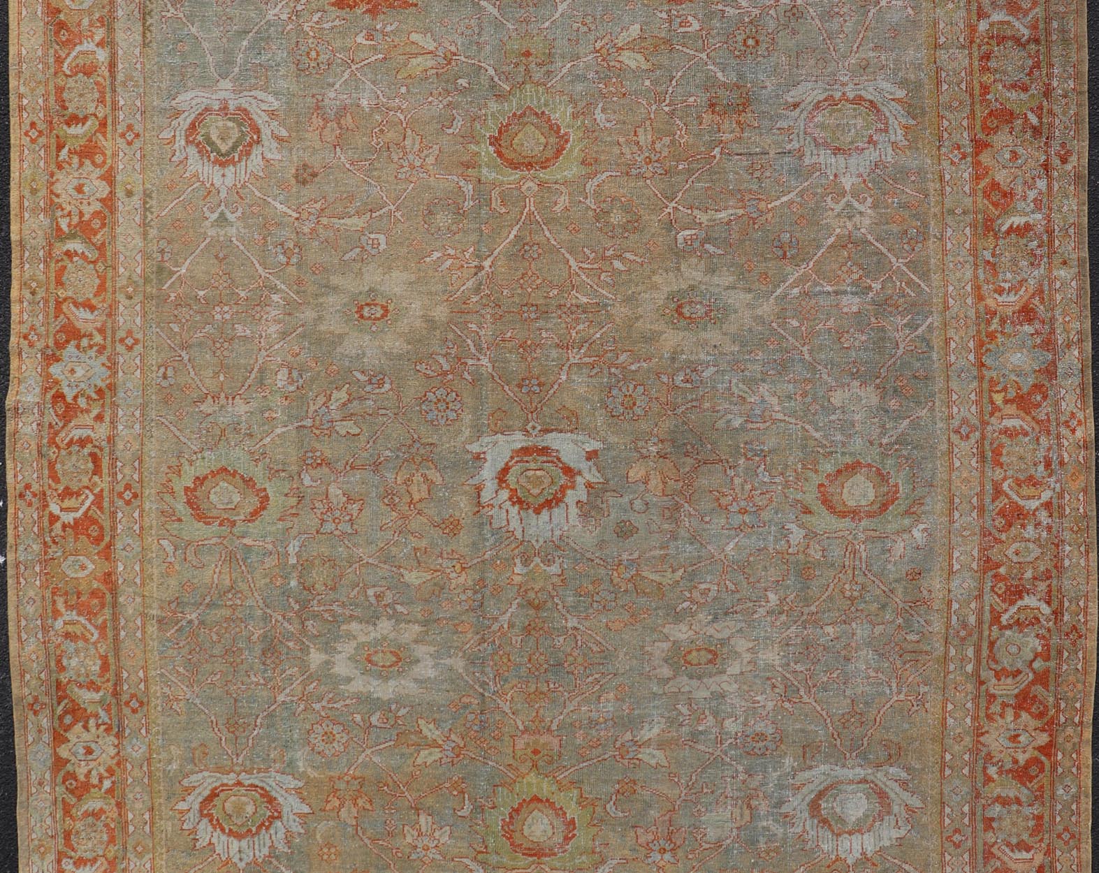 Antique Persian Distressed Sultanabad Rug in Light Green, Lt. Blue, Green, Red. Keivan Woven Arts / rug W22 - 0406 - 15480, country of origin / type: Iran / Sultanabad, circa 1900. Measures: 8'8 x 12'2 This beautiful distressed antique Persian Sult... - Keivan Woven ArtsW22 - 0406 - 15480 - 20115