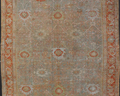 Antique Persian Distressed Sultanabad Rug in Light Green, Lt. Blue, Green, Red. Keivan Woven Arts / rug W22 - 0406 - 15480, country of origin / type: Iran / Sultanabad, circa 1900. Measures: 8'8 x 12'2 This beautiful distressed antique Persian Sult... - Keivan Woven ArtsW22 - 0406 - 15480 - 20115