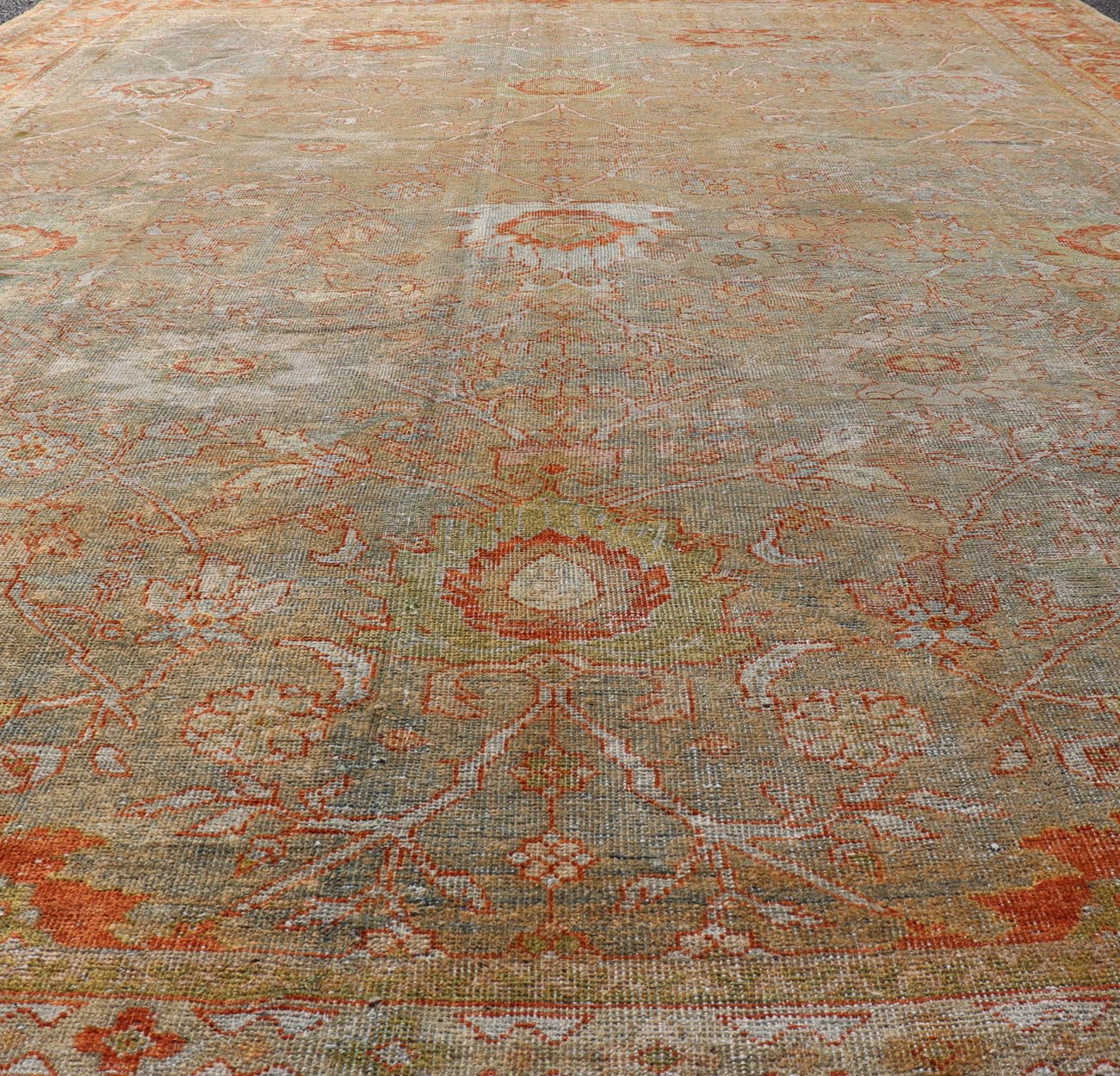Antique Persian Distressed Sultanabad Rug in Light Green, Lt. Blue, Green, Red. Keivan Woven Arts / rug W22 - 0406 - 15480, country of origin / type: Iran / Sultanabad, circa 1900. Measures: 8'8 x 12'2 This beautiful distressed antique Persian Sult... - Keivan Woven ArtsW22 - 0406 - 15480 - 20115