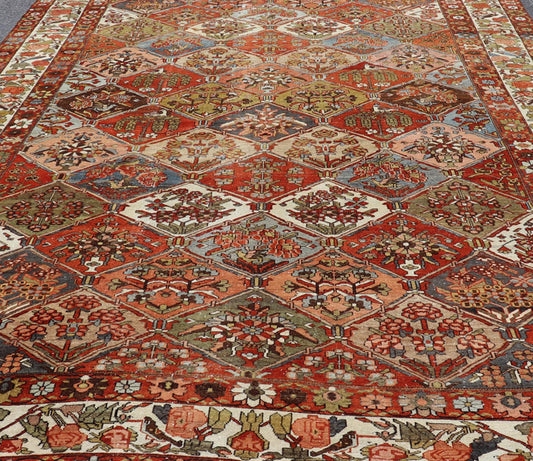 Measures: 12'1 x 18'0 Large Antique Bakhtiari Rug with Diamond Garden Design Keivan Woven Arts. rug W22 - 0801, Keivan Woven Arts country of origin / type: Iran / Bakhtiari, circa 1900. This magnificent Antique Bakhtiari Rug features an al... - Keivan Woven ArtsW22 - 0801 - 21221Rug