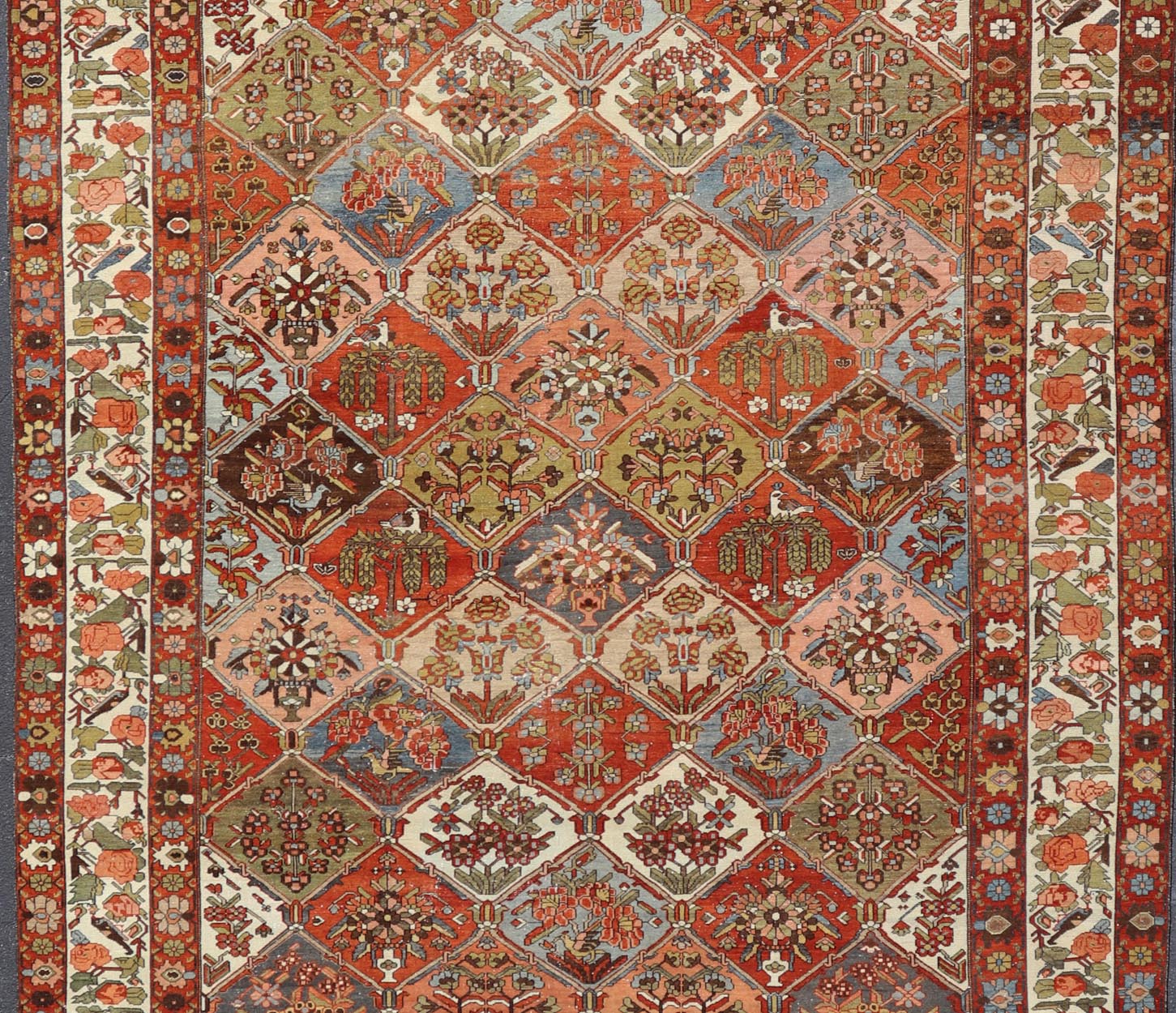 Measures: 12'1 x 18'0 Large Antique Bakhtiari Rug with Diamond Garden Design Keivan Woven Arts. rug W22 - 0801, Keivan Woven Arts country of origin / type: Iran / Bakhtiari, circa 1900. This magnificent Antique Bakhtiari Rug features an al... - Keivan Woven ArtsW22 - 0801 - 21221Rug