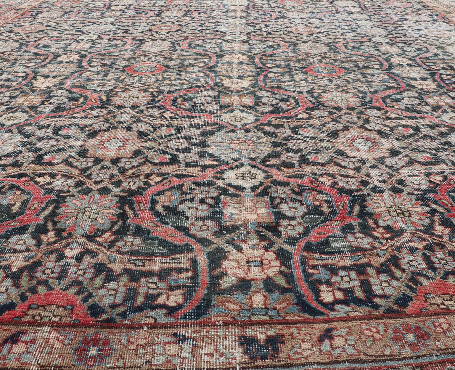 Large Antique Persian Large Tabriz Carpet with All Over Geometric Design, Large Persian Tabriz Antique Persian Tabriz Carpet with Geometric Design in Blue, charcoal, brown, soft Red, butter, green, cream and light blue. Keivan Woven Arts / rug W... - Keivan Woven ArtsW22 - 0803 - 22632Rug